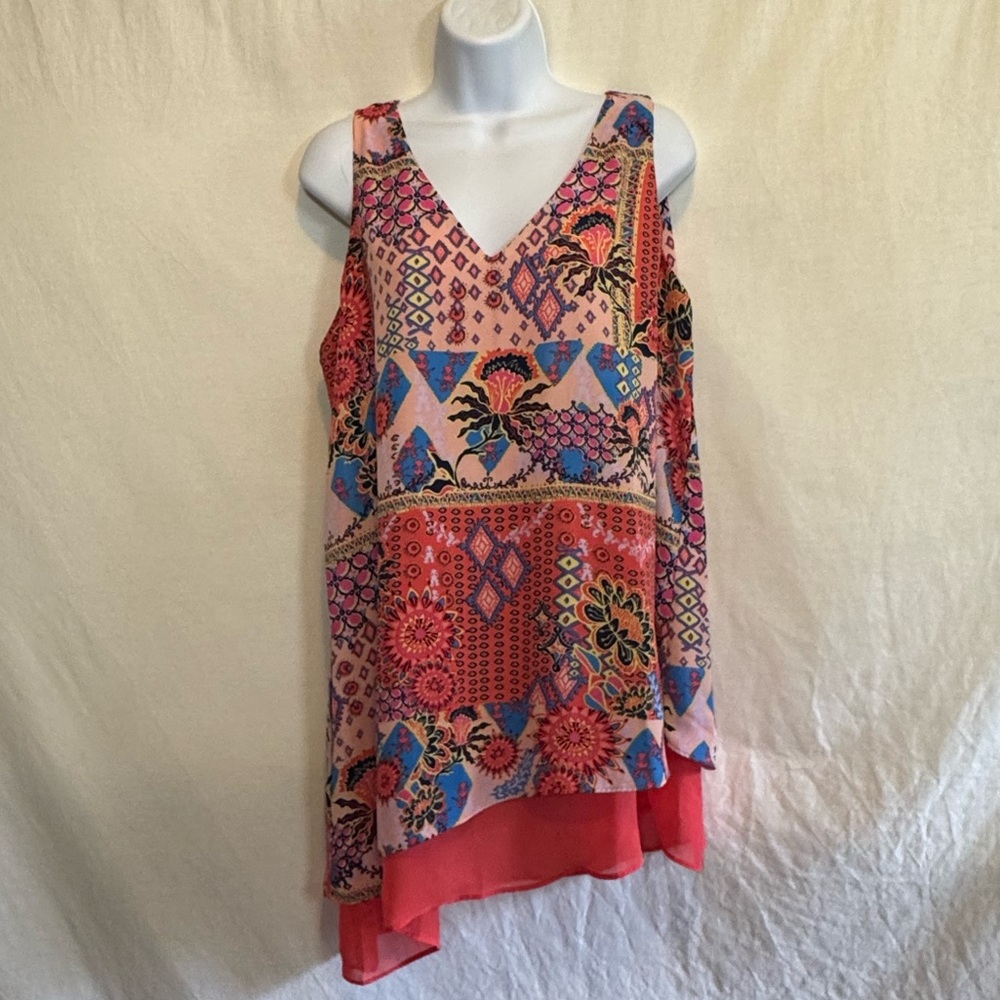 C-192 Zac & Rachel Pink & Blue Lined Sleeveless Pullover Summer Blouse‎ Size L
